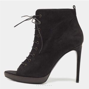 Burberry Black Nubuck Leather Peep Toe Lace Up Ankle Boots Size 36.5